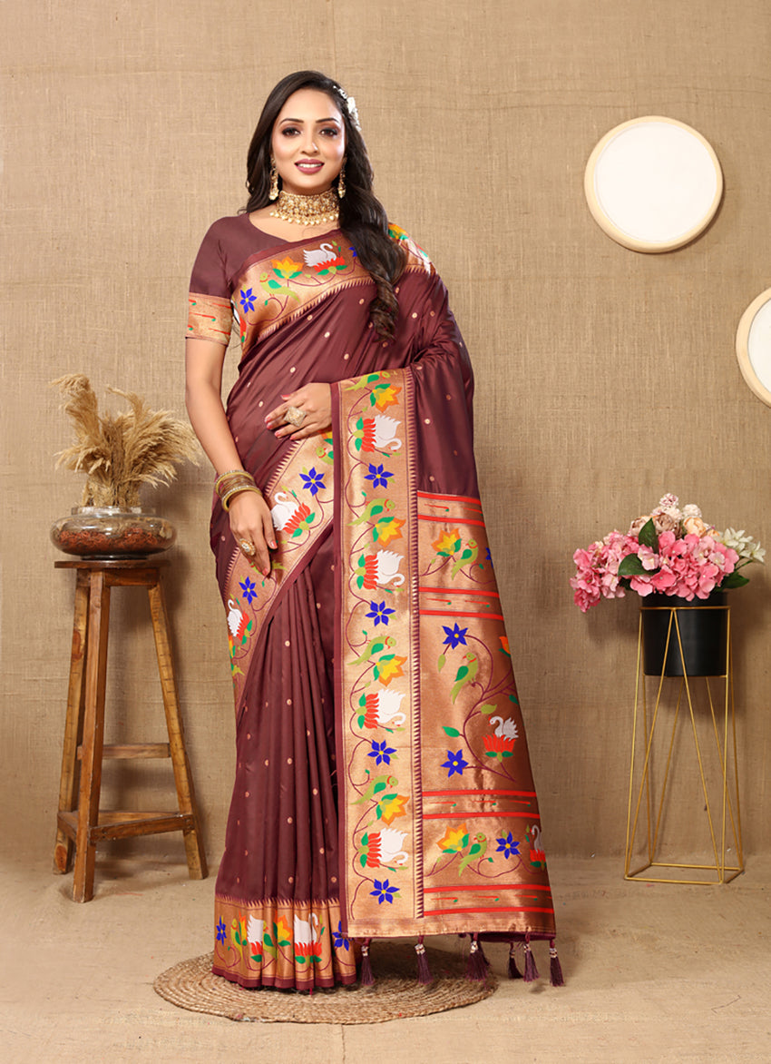 Lorenvalley Fashion Brown Soft Paithani Silk Woven Design Rich Zari Meenakari Weaving Saree