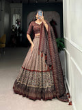 Lorenvalley Brown Tussar Silk Bandhej And Ajarakh Print Lehenga Choli with Dupatta