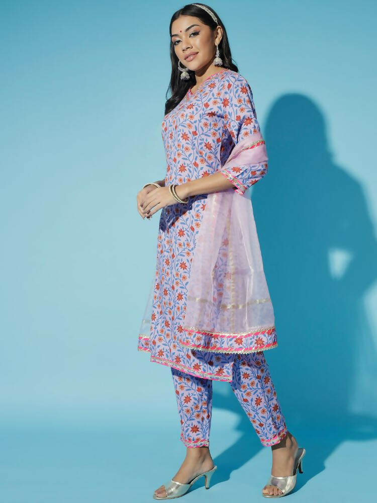 Myshka Women Lavender Printed Kurta & Trousers With Dupatta - Distacart