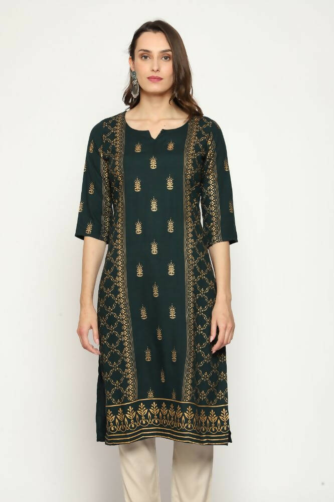 Maai Rayon Hand Printed Kurta Green - Distacart