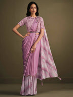 Light Purple Satin Silk Sequence Embroidered Saree With Stitched Blouse - Mohmanthan La Belle