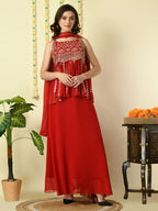 Myshka Women's Red Georgette Top & Skirt With Dupatta Party Sets