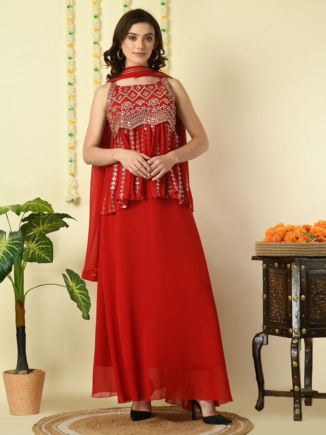 Myshka Women's Red Georgette Top & Skirt With Dupatta Party Sets