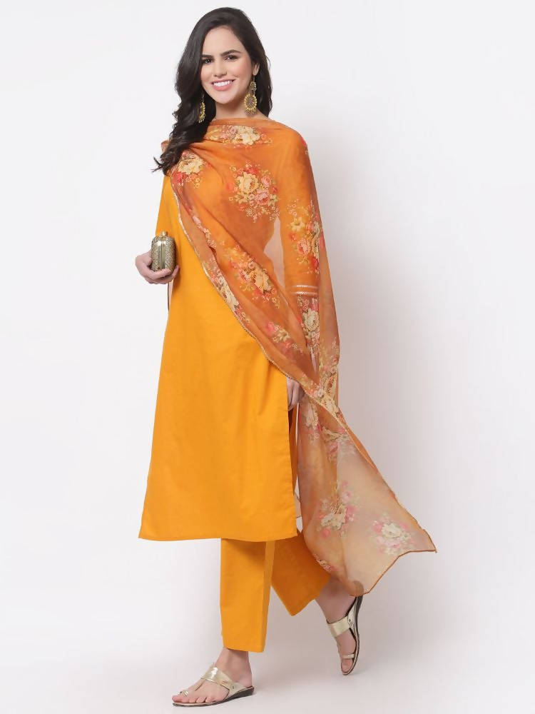 Myshka Trendy Women's Cotton 3/4 Sleeve Round Neck Casual Kurta Pant Dupatta Set