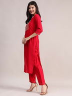 Aavyora Women's Red Embroidered Roman Silk Kurta, Palazzo & Organza Dupatta Set