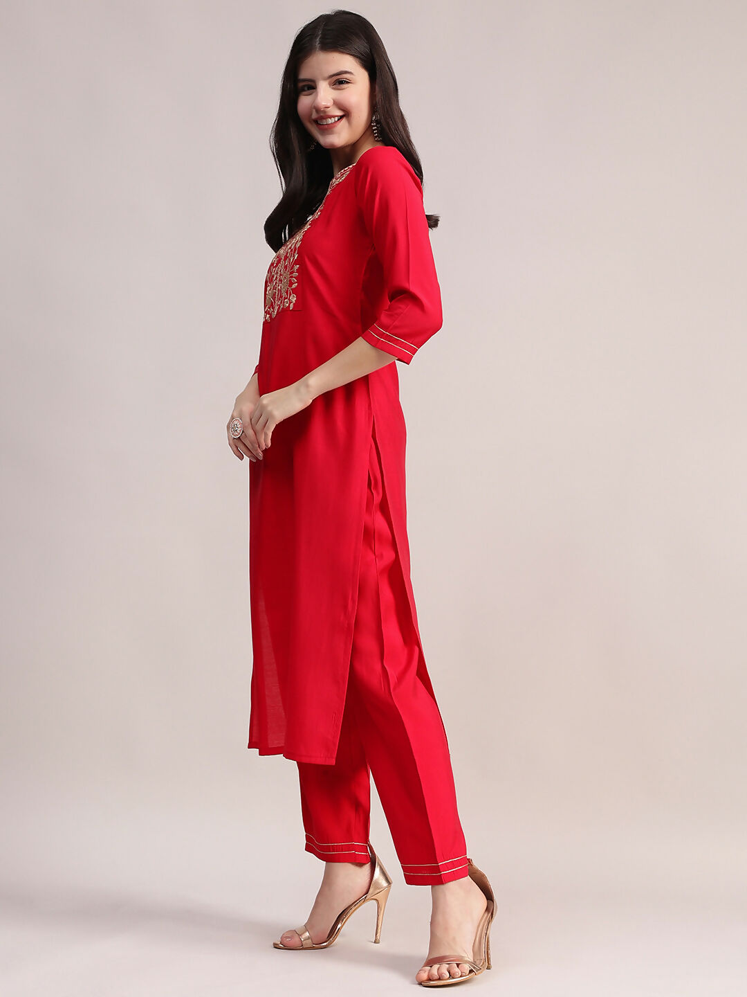 Aavyora Women's Red Embroidered Roman Silk Kurta, Palazzo & Organza Dupatta Set