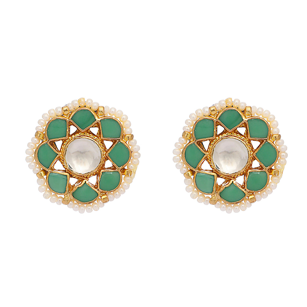 Nuyug 22K Gold-Plated Green Kundan Studded & Pearls Beaded Floral Shaped Studs - Distacart