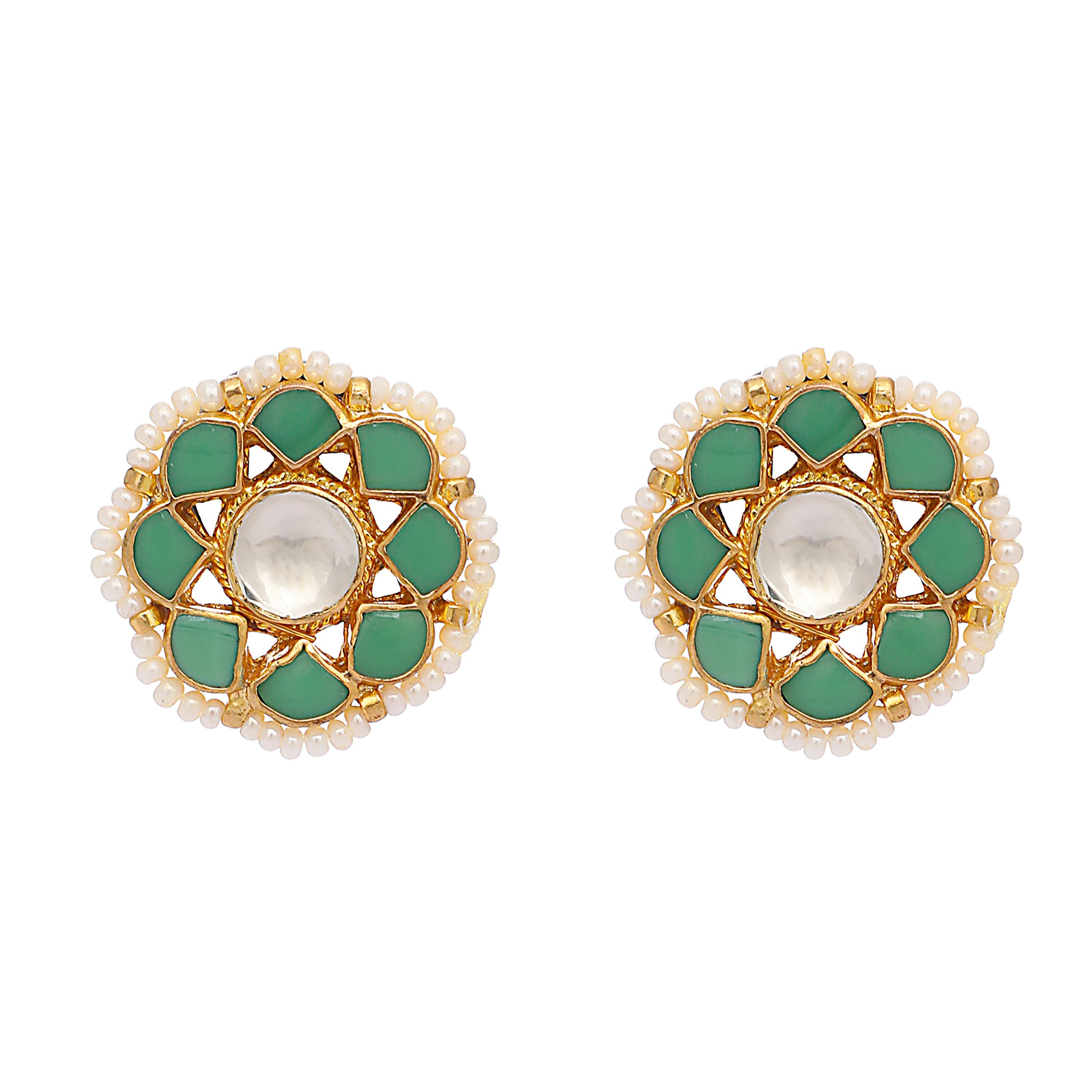 Nuyug 22K Gold-Plated Green Kundan Studded & Pearls Beaded Floral Shaped Studs - Distacart