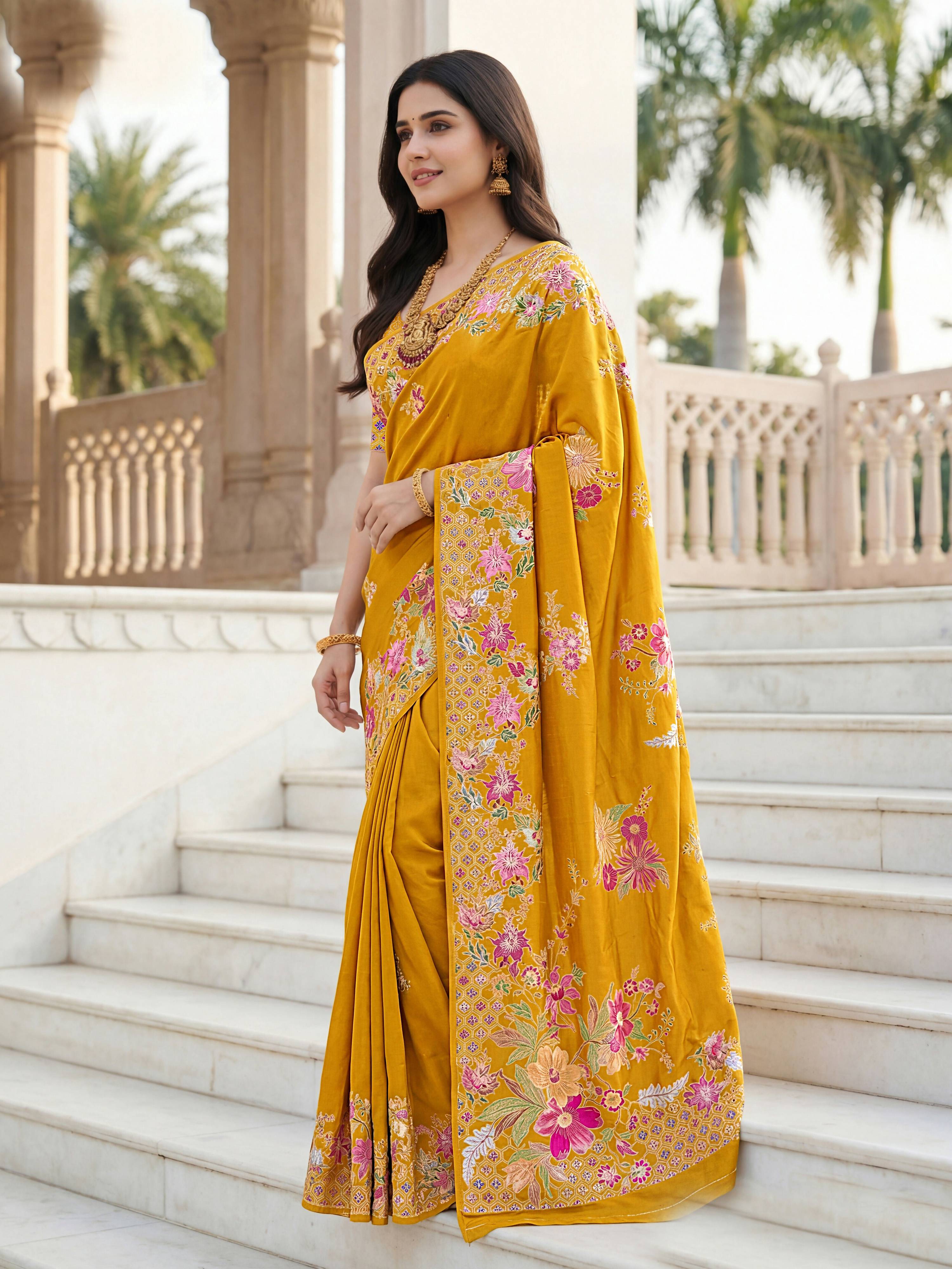 Aastha Fashion Mustard Premium Russian Silk Designer Floral Position Print Saree - Distacart