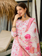 The52 Pink Women's Beautiful Printed Silk Blend Fabric with Straight Kurta, Pant and Dupatta Set - Distacart