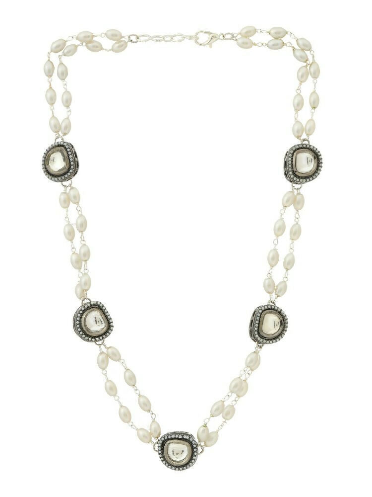Rhodium Plated Kundan Necklace - Ruby Raang