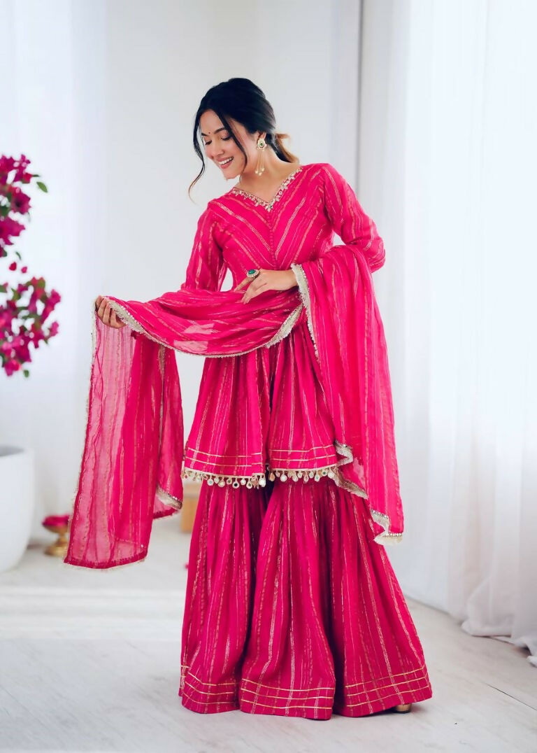 Teeya Creation Pink Color Mal Chanderi Silk Mirror Work And Hand Work Sharara set - Distacart