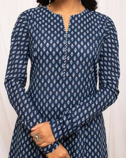 FIORRA Women's Floral Printed Navy Blue Cotton A-Line Kurta