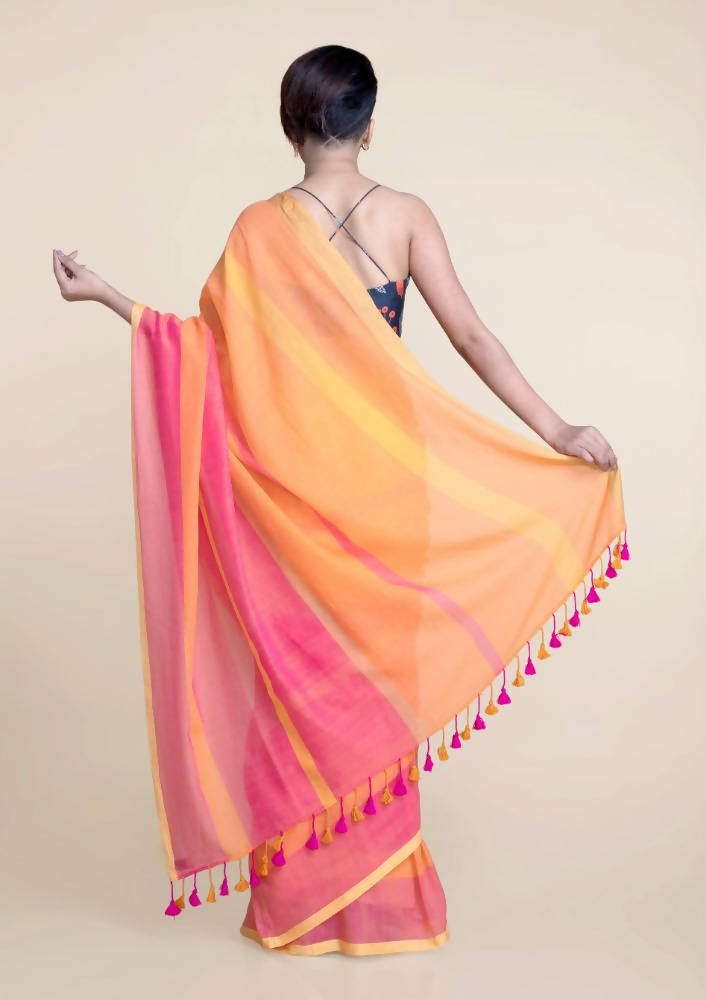 Suta Orange Pink Striped Mul Saree - Distacart