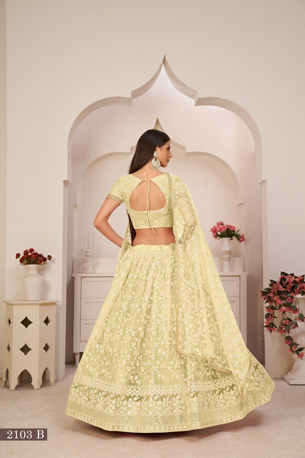 Eilara Lemon Green Net Floral Embroidered Lehenga Choli Set