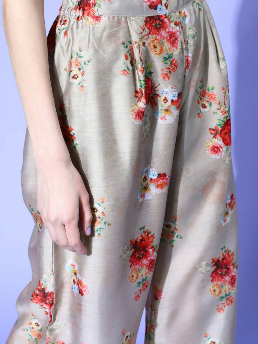 Ahalyaa Women Beige Colour Chanderi Digital Printed Kurta Palazzo Set - Distacart