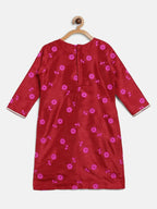 Ahalyaa Red Poly Silk Straight Printed Kids Kurta Palazzo Set For Girls