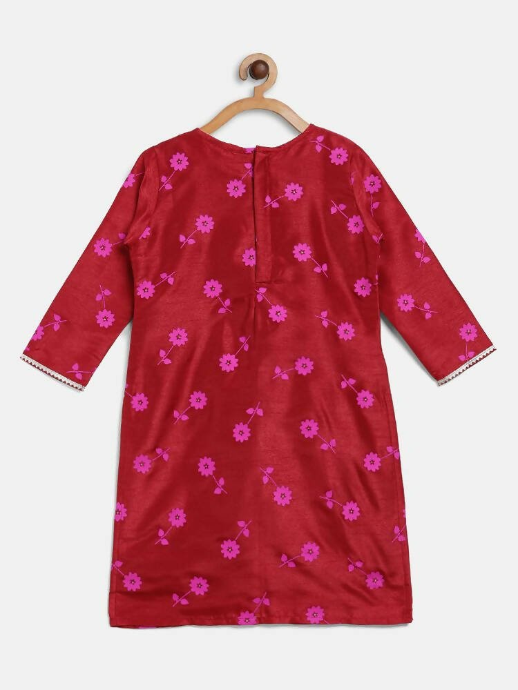 Ahalyaa Red Poly Silk Straight Printed Kids Kurta Palazzo Set For Girls