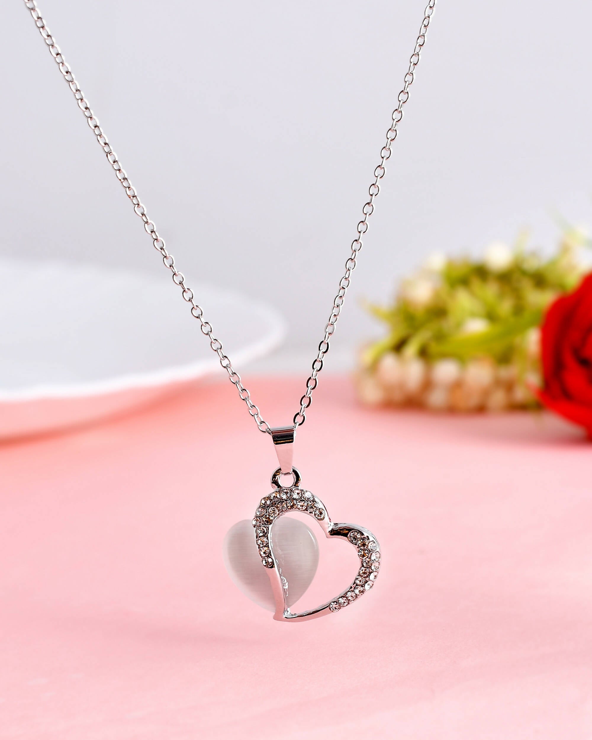 VOJ Women Stainless Steel Sliver-Plated Beads Chain with Double Heart-Shape Pendant