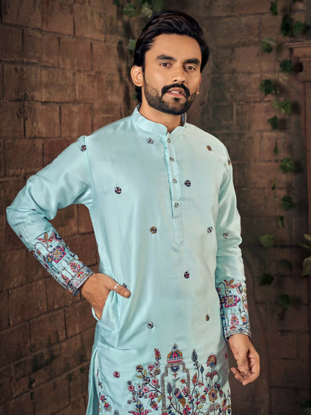 Anaita Blue Multi Thread Work Silk Straight Kurta