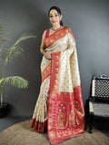 Joban Fashion Off White Intricate Motifs Soft Silk Banarasi Saree
