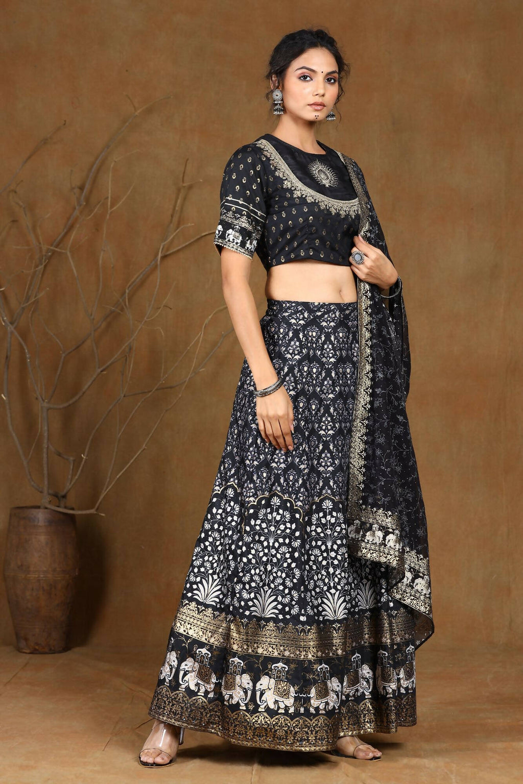 Juniper Women Black Shantoon Embroidered Flared Lehenga Choli Sets - Distacart