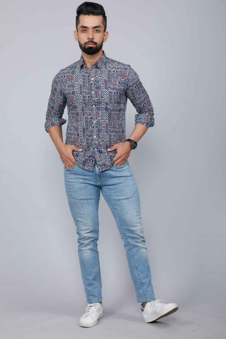 Miravan Men's Blue Floral Print Long Sleeve Casual Shirt