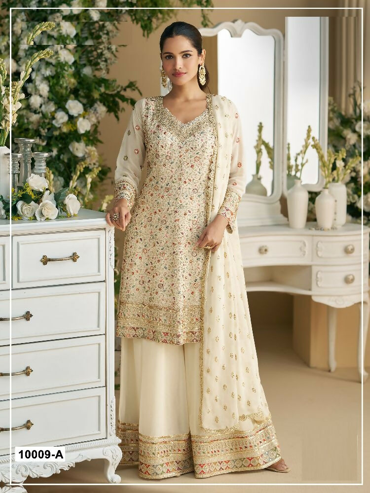 Anaita Off-white Embroderied Faux Georgette Stitched Plazzo Suit - Distacart