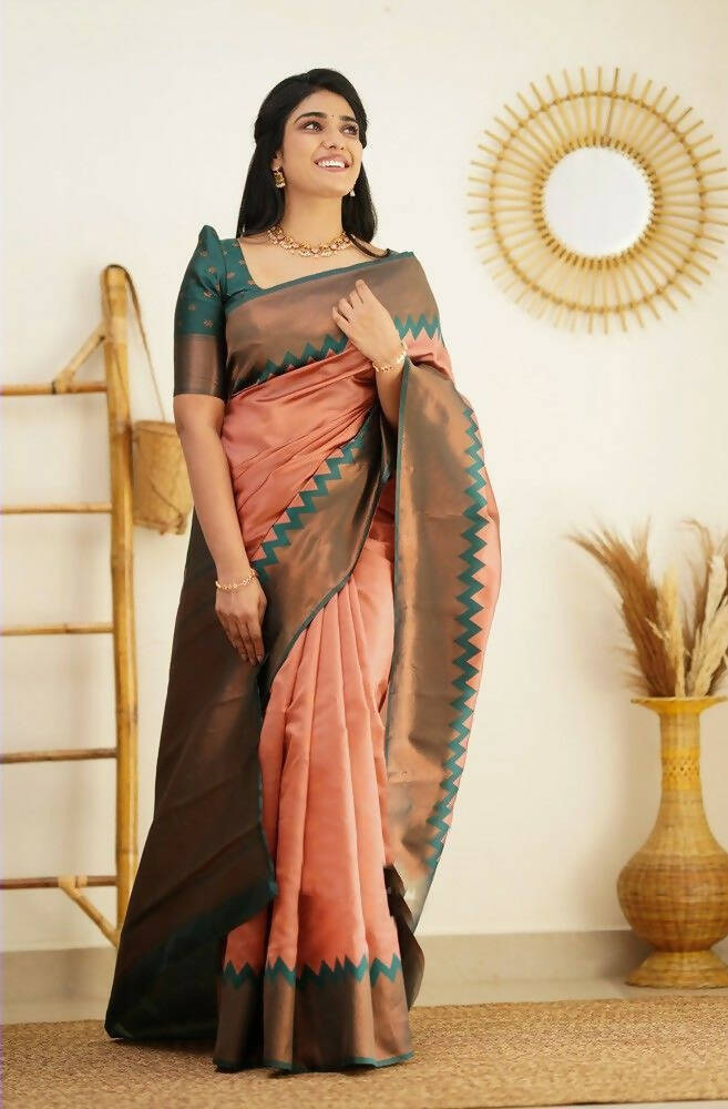 DEIANA'S Beautiful Designer Golden zari Soft Lichi Silk Saree - Peach