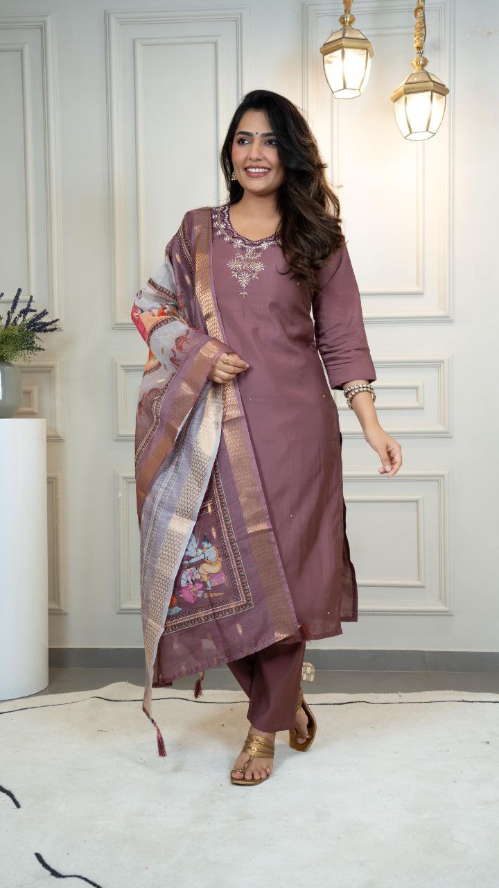 Lorenvalley Fashion Burgundy Roman Silk Hand Work Kurta Pant with Dupatta - Distacart
