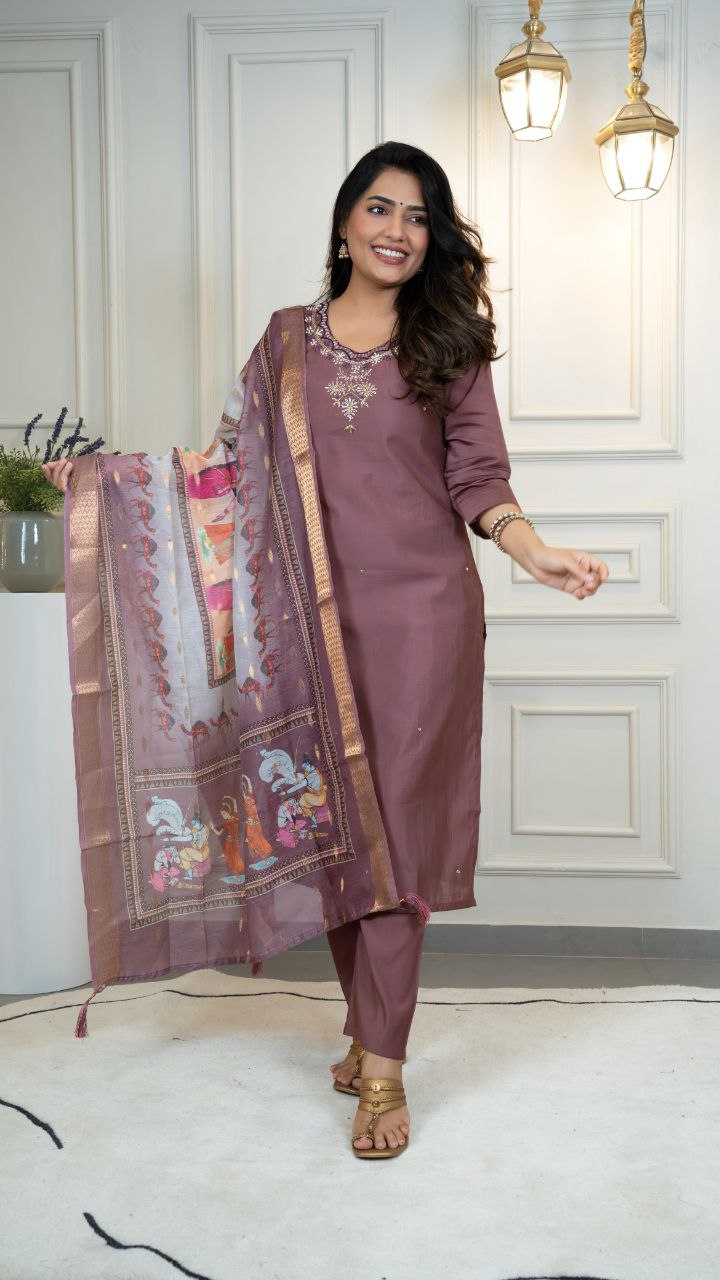 Lorenvalley Fashion Burgundy Roman Silk Hand Work Kurta Pant with Dupatta - Distacart