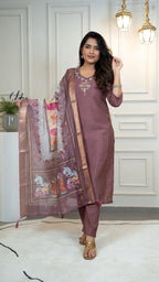 Lorenvalley Fashion Burgundy Roman Silk Hand Work Kurta Pant with Dupatta - Distacart