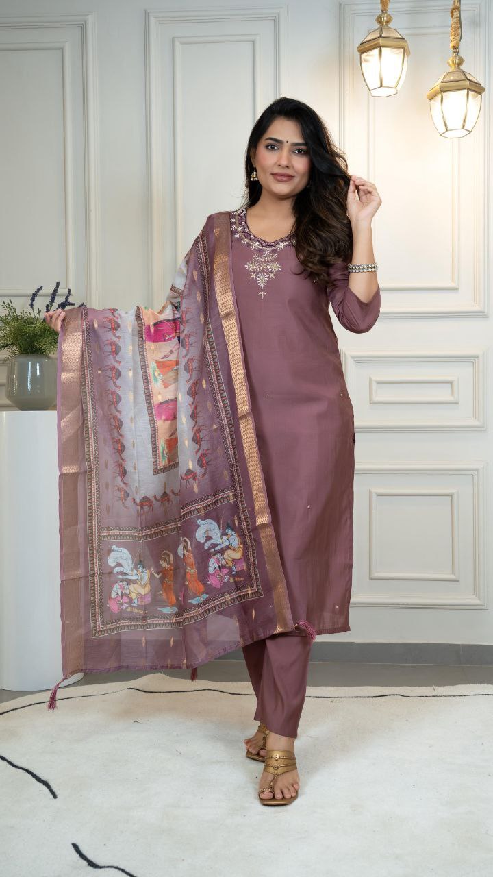 Lorenvalley Fashion Burgundy Roman Silk Hand Work Kurta Pant with Dupatta - Distacart
