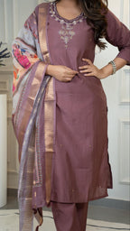 Lorenvalley Fashion Burgundy Roman Silk Hand Work Kurta Pant with Dupatta - Distacart