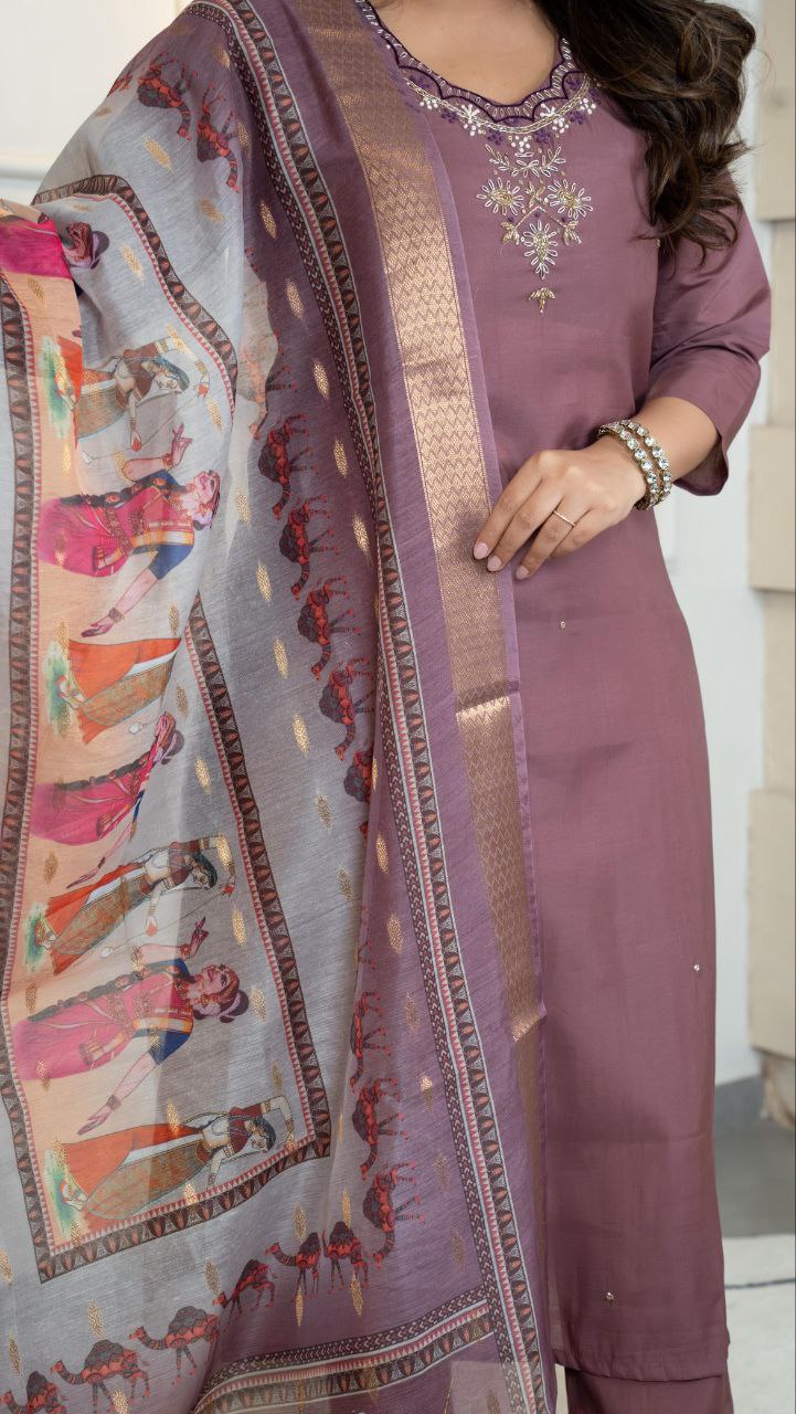 Lorenvalley Fashion Burgundy Roman Silk Hand Work Kurta Pant with Dupatta - Distacart