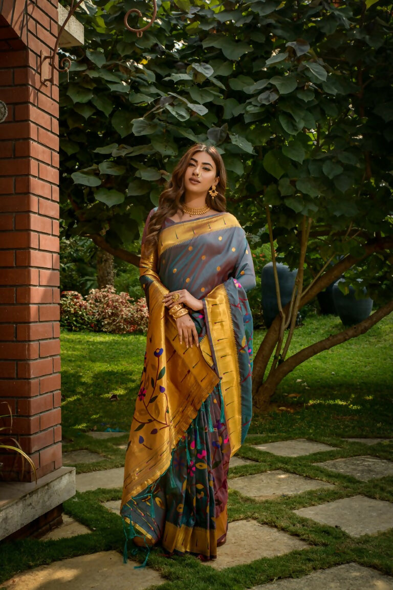Jyoti Fashion Women's Morpich Paithani Silk Zari Woven Saree with Blouse
