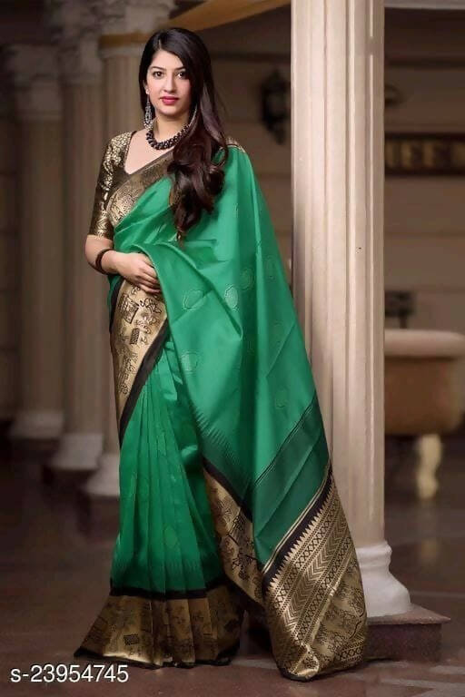 DEIANA'S Beautiful Designer Golden zari Soft Lichi Silk Saree - Green