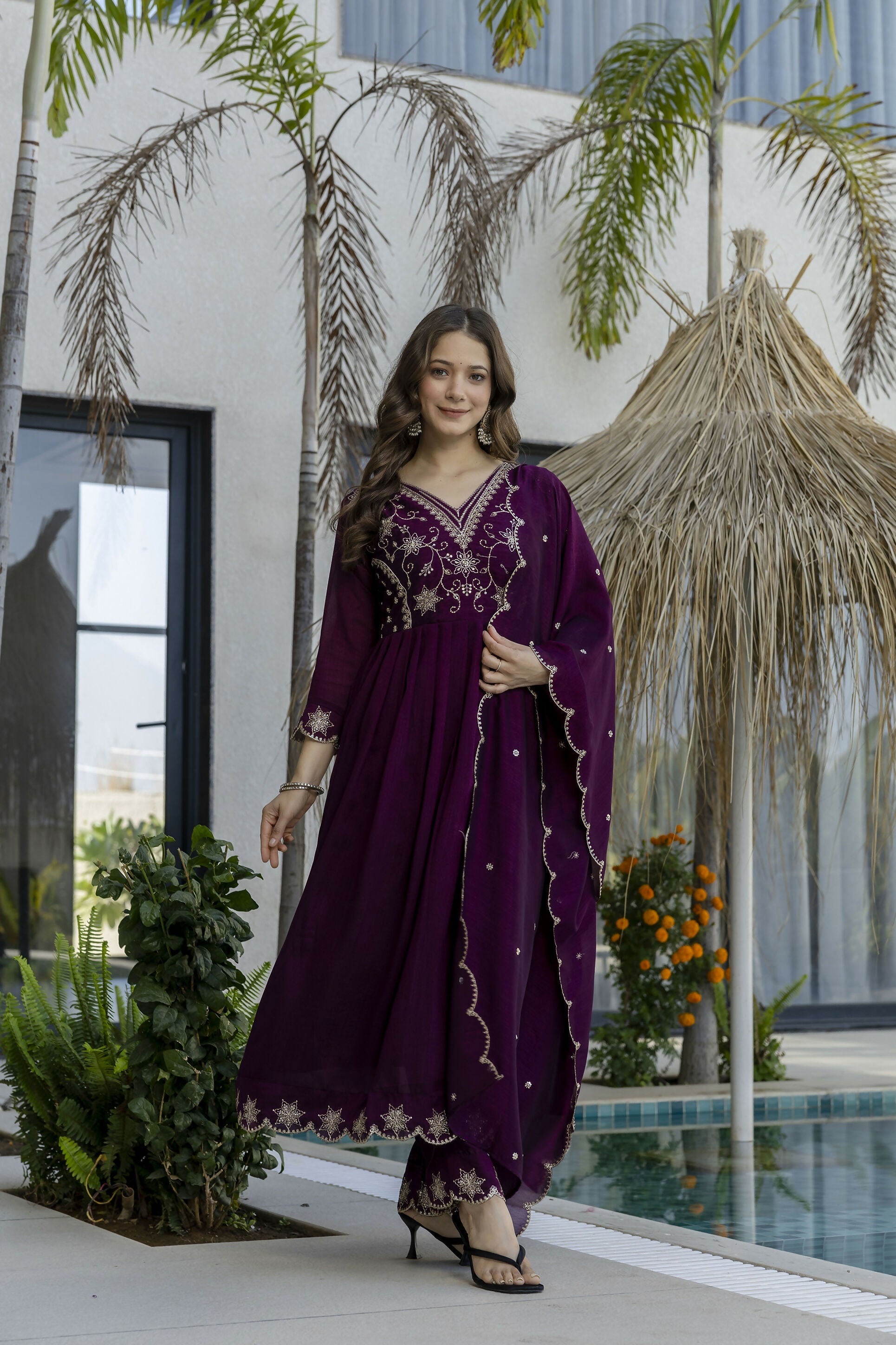 The52 Women's Beautiful Embroidery Work Vichitra Silk Fabric Flared Anarkali Pant and Dupatta Set - Distacart