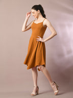 Myshka Women's Mustard Solid Shoulder Straps Fit and Flare Party Dress - Distacart