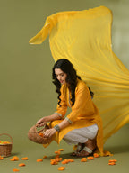 Myshka Women's Yellow Printed Kota Straight Party Kurta Set With Dupatta