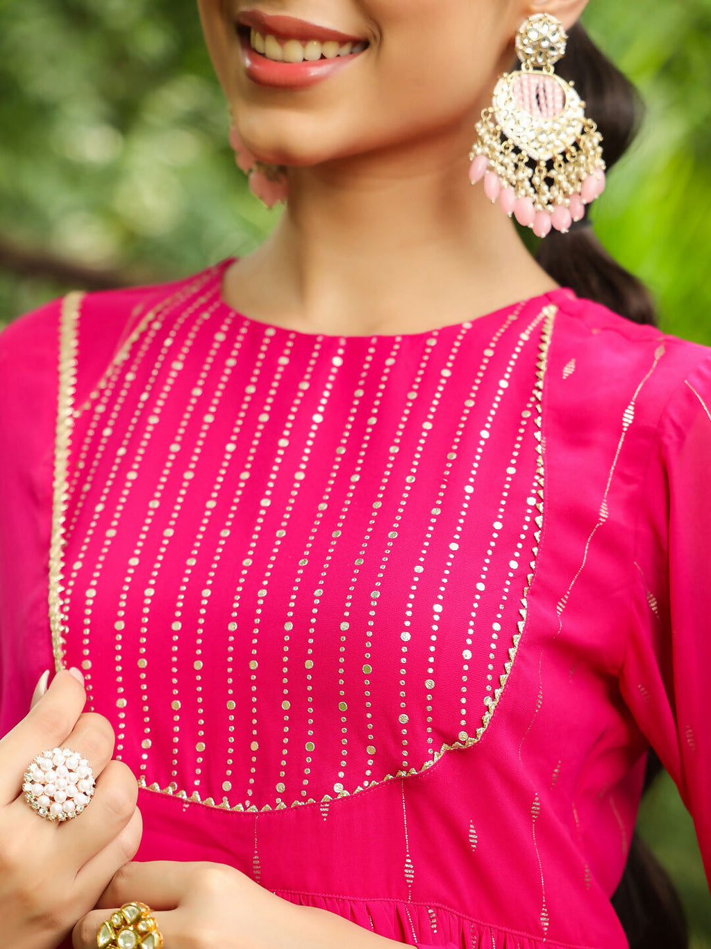 Janasya Pink Georgette Foil Print Kurta,Bottom & Dupatta