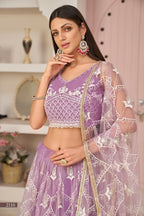 Eilara Women'S Lavender Butterfly Net White Cotton Thread And Zari Sequence Embroidered Work Lehenga Choli For Wedding