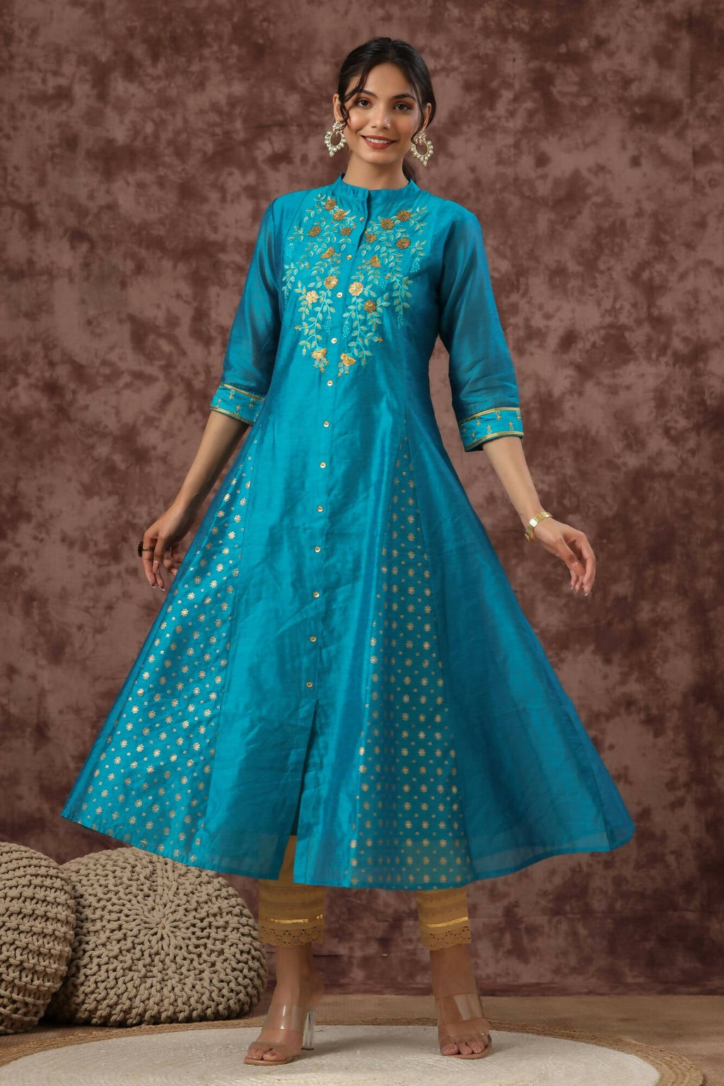 Juniper Women Teal Chanderi Silk Embroidered & Printed Anarkali Kurta - Distacart