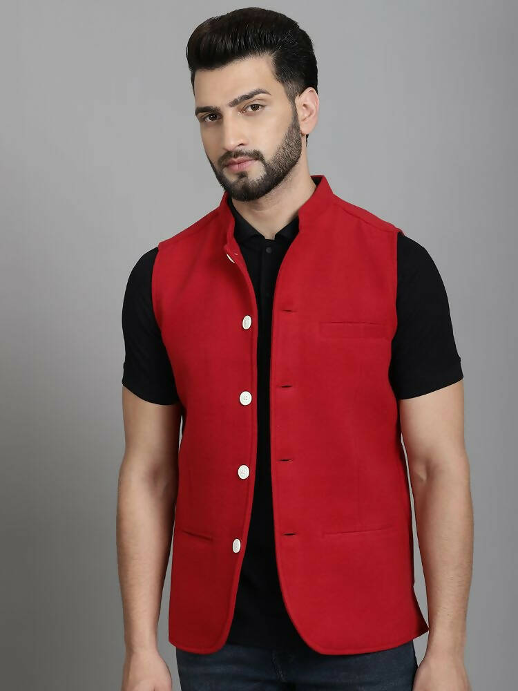 Even Apparels Nehru Jacket With Welt Pockets - Red