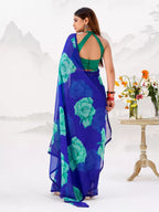 Vastranavya Royal Blue Floral Print with Lace Border work Chiffon Saree & Unstitched Blouse - Distacart