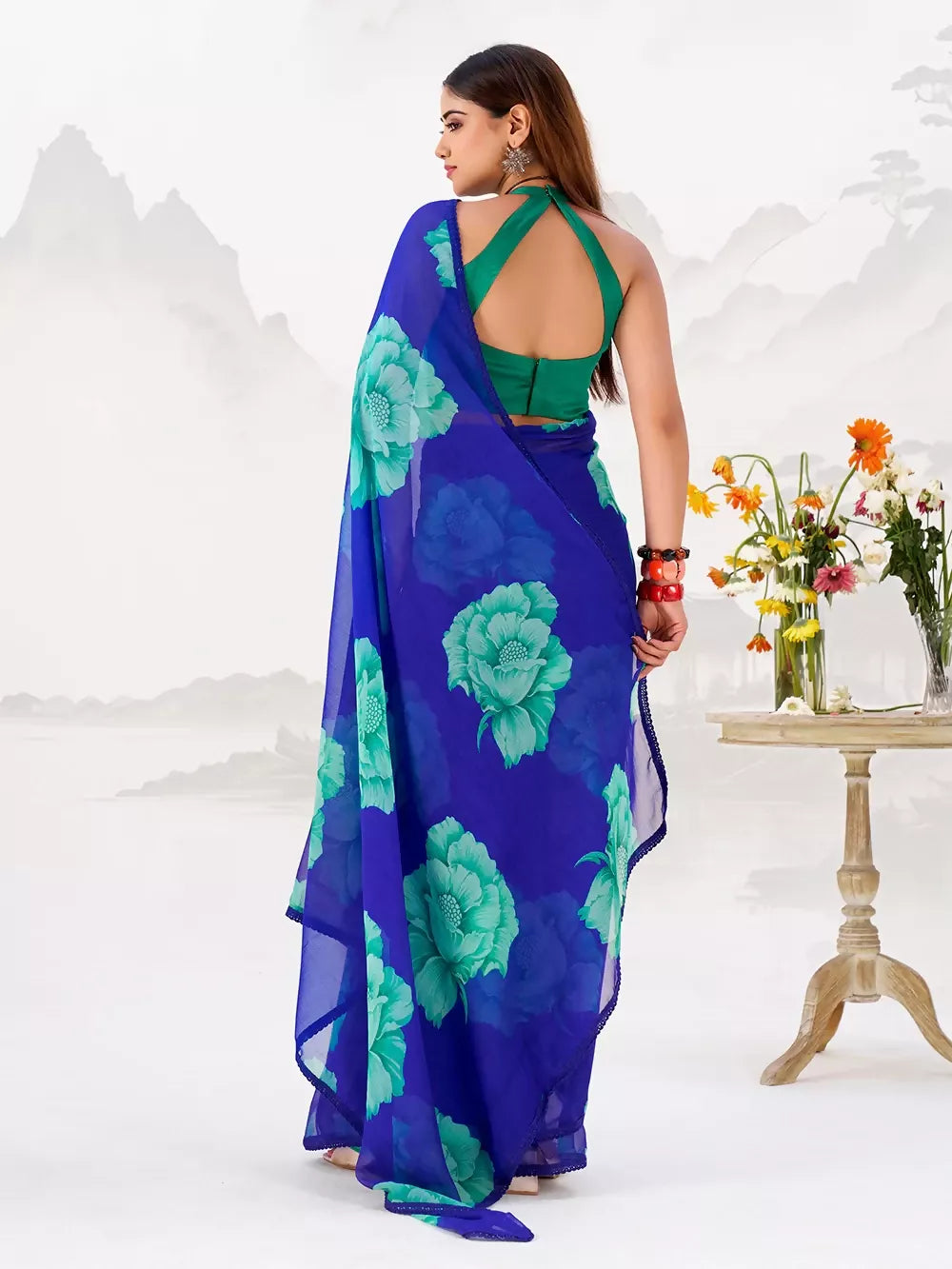 Vastranavya Royal Blue Floral Print with Lace Border work Chiffon Saree & Unstitched Blouse - Distacart