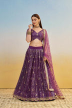 Aastha Fashion Dark Purple Butterfly Net Tone To Tone Thread Work, Sequence Work And Original Mirror Work Embroidery Wedding Wear Lehenga Choli
