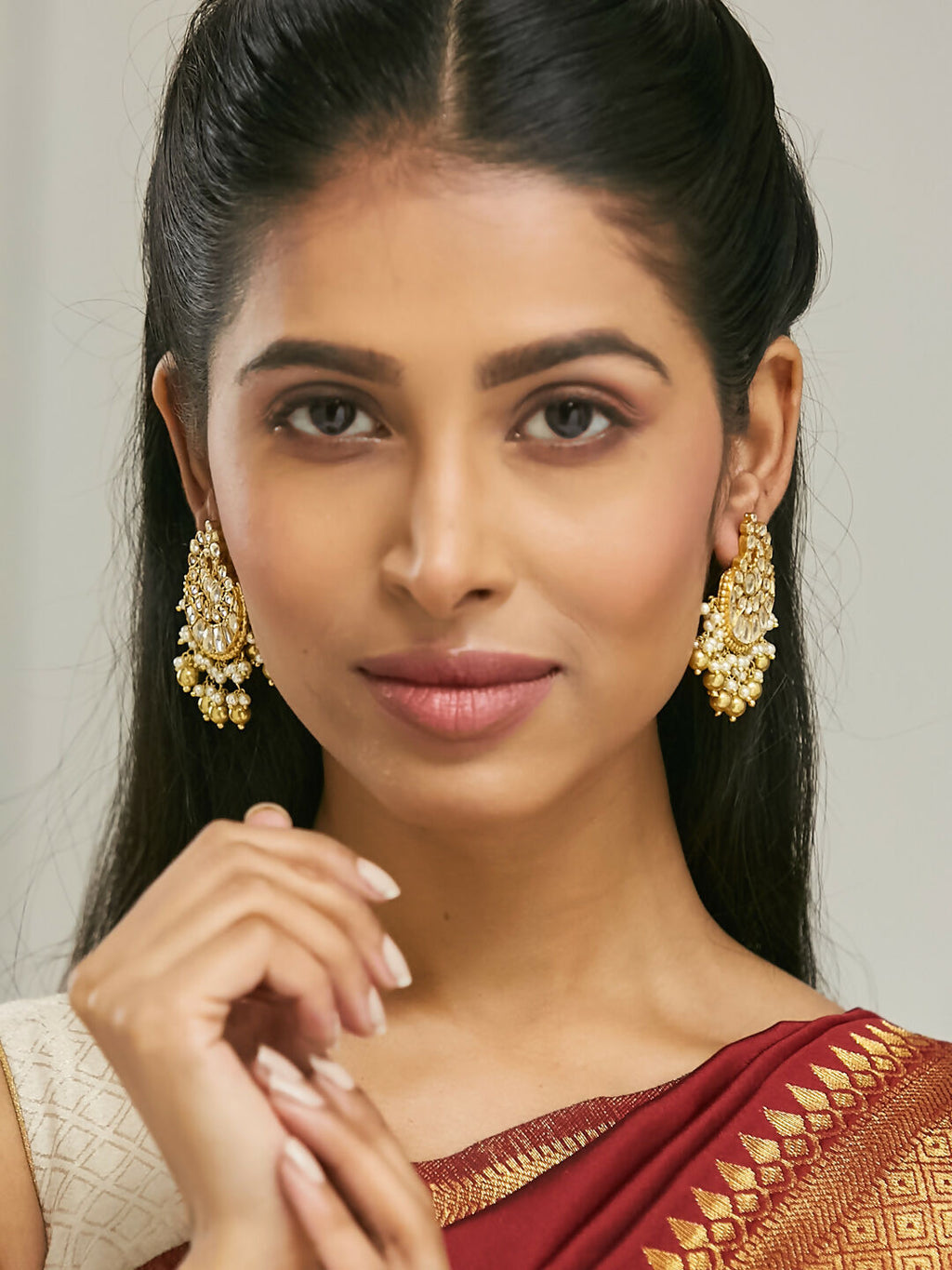 Nuyug 22K Gold-Plated Kundan Stone Studded & Pearl Drop Beaded Crescent Shaped Chandbalis - Distacart
