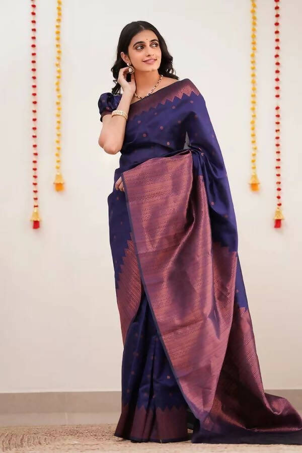 DEIANA'S Beautiful Designer Golden zari Soft Lichi Silk Saree - Navy Blue