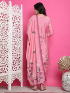 Jyoti Fashion Women's Pink Muslin Floral Print with Jari & Crystal work Kurta with Trouser & Dupatta